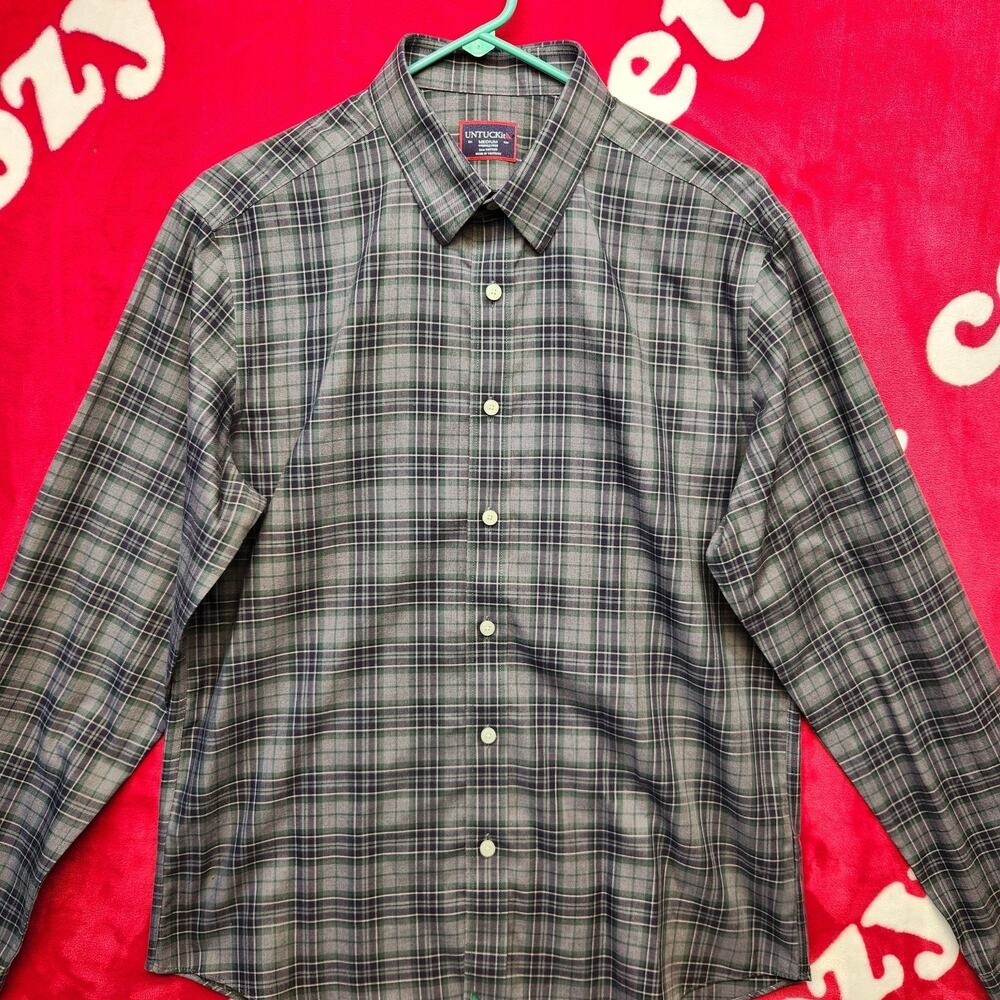 UNTUCKit Mens Medium Gray Green Plaid Button Front Shirt Wrinkle Free Cotton